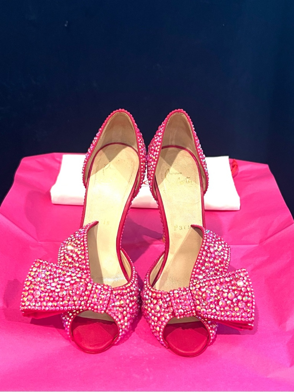 Christian Louboutin Swarovski Crystal Strass Heels With Bow Magenta Pink 36 🎀